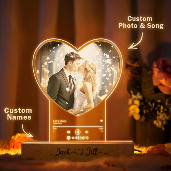 Personalized Photo Heart Shaped Acrylic Lamp Custom Night Light with Engraved Wood Base Gift for Couple - photomoonlampau